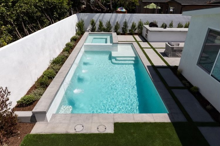 Aerial view of custom pool and spa — JSQ Improvements pool design and construction Huntington Beach